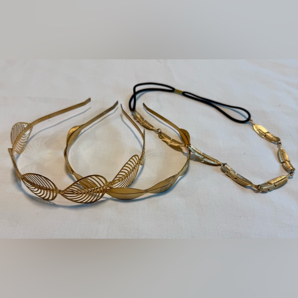 Trio of Gold Leaf Headbands – Boho Cottagecore Hair Accessories